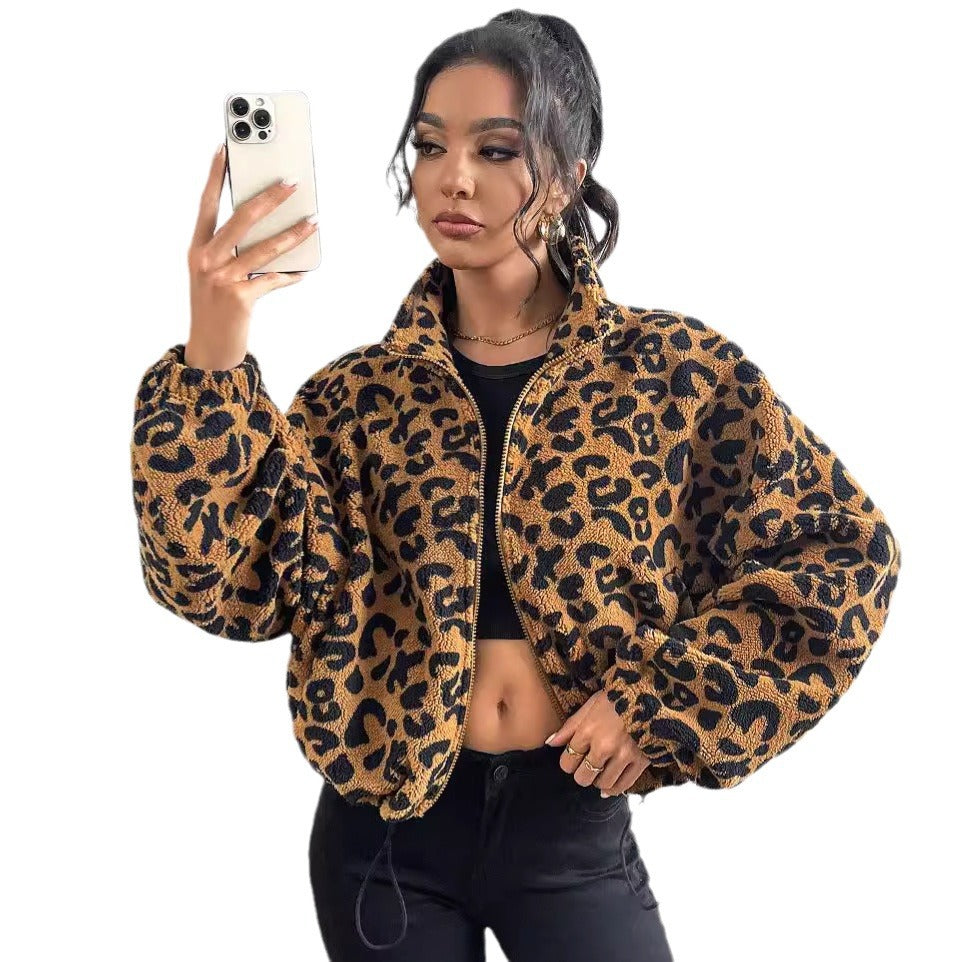 Autumn and winter New loose cardigan zipper leopard print plush coat