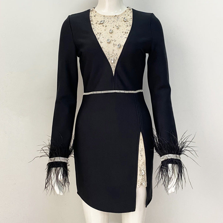 Black Feather Long Sleeve Bandage Dress Rhinestone Mesh Stitching