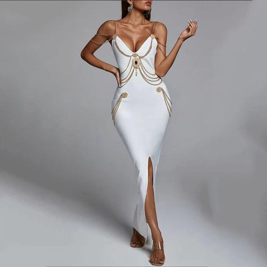 Women's Sexy Chain Decoration Bandage Dresses Party Elegant