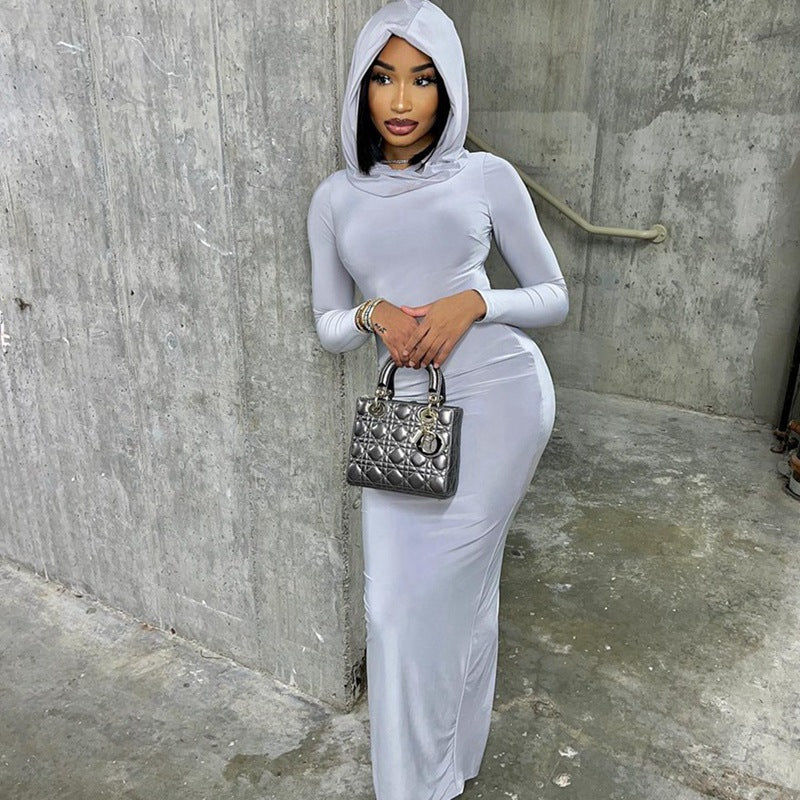 Hooded pure color tight dress long one-step hip skirt long sleeve pullover skirt for women