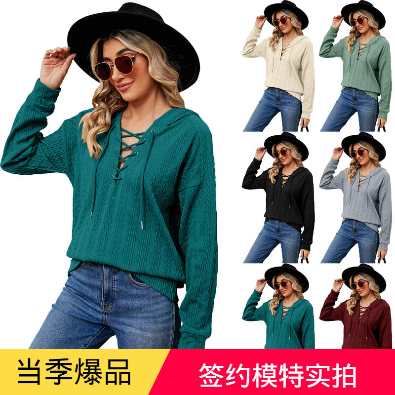 Solid color hooded sweater women's autumn and winter neckline tied long sleeves top