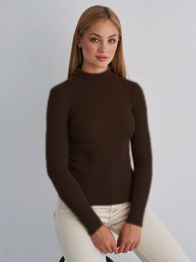 Pure Color half collar sweater European and American 2024 autumn and winter women's slim knit bottoming shirt