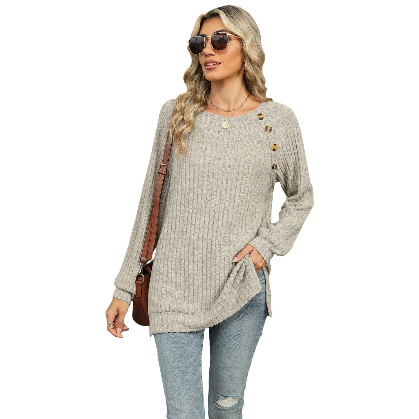 Women's 2024 autumn and winter New round neck raglan sleeve solid color T-shirt split top