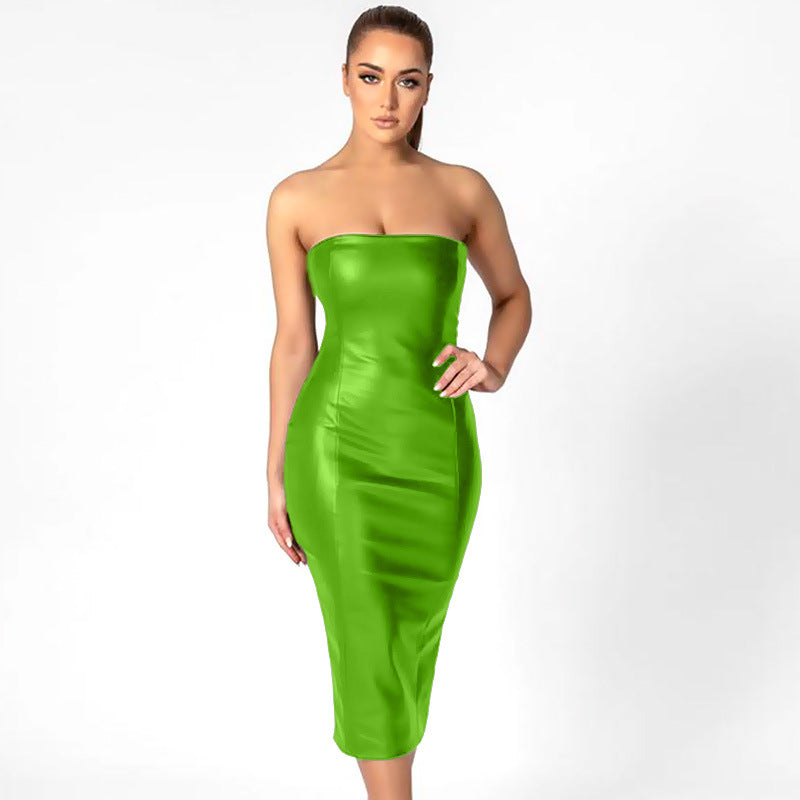 PU leather slim-fit tube top back slit sexy midi dress for women