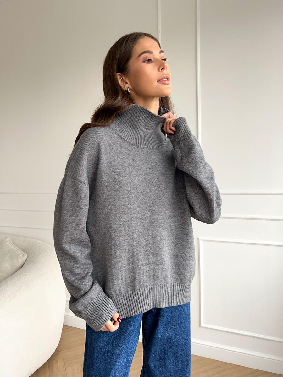 Autumn and Winter solid color simple loose high collar solid color knitted sweater for women