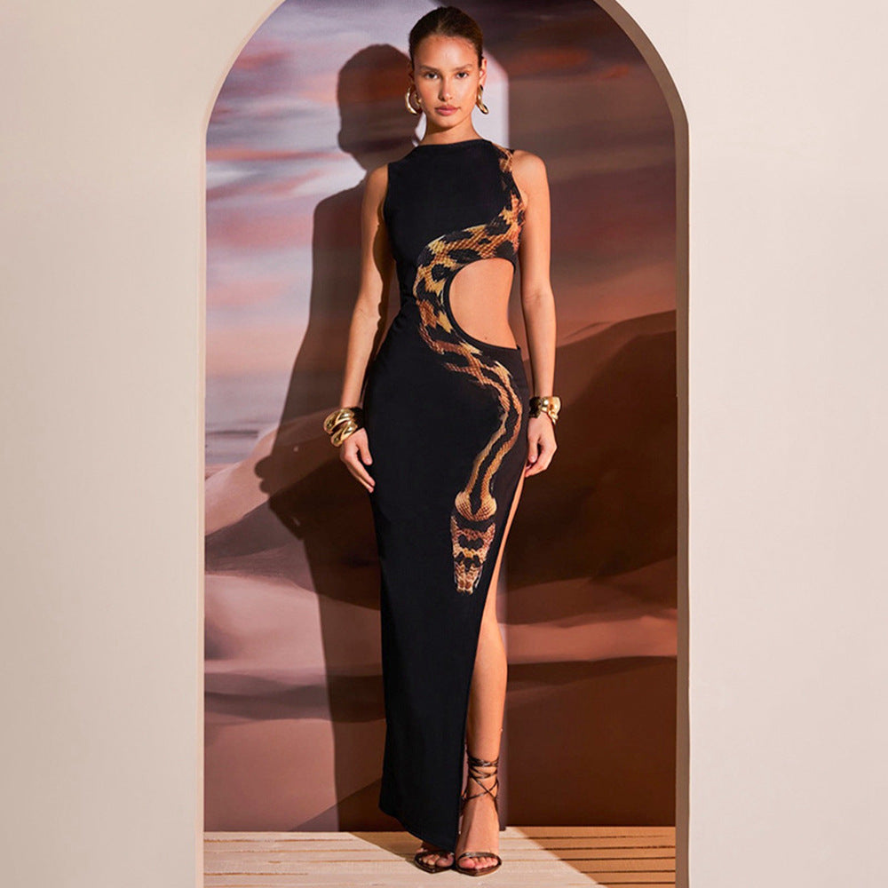 Women's 2024 Summer new sleeveless Sexy Slim fit slit long dress hollow dress dress