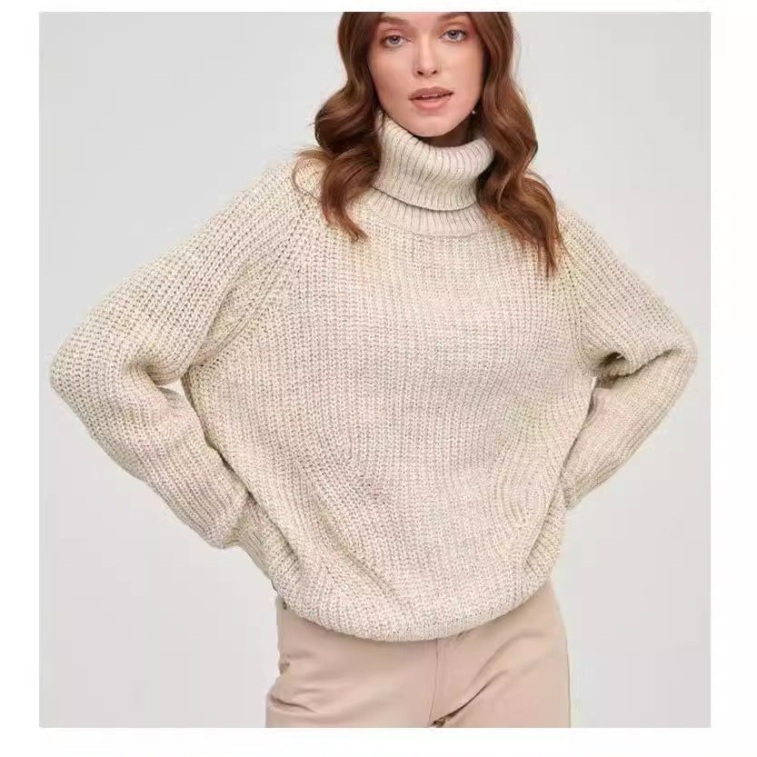 Women's turtleneck sweater knitted loose thickened autumn and winter solid color casual mid-length pullover top