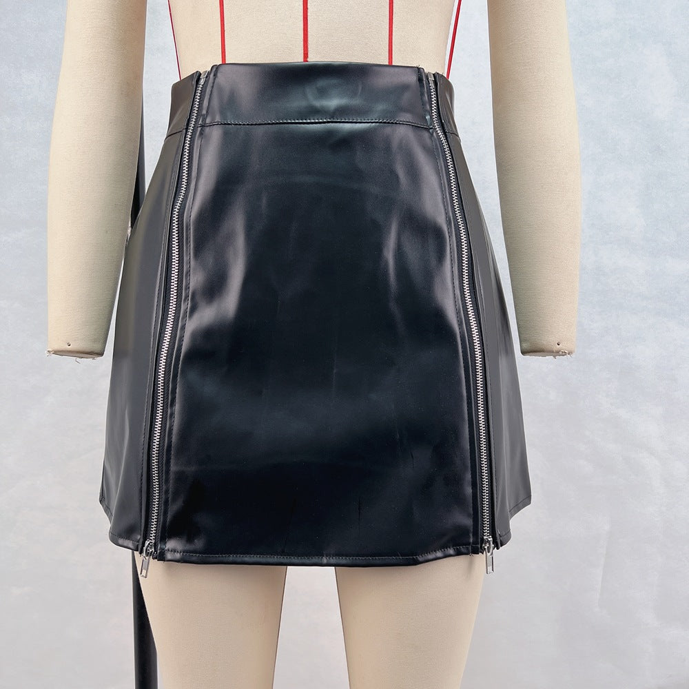 Street casual skirt double open zipper slim fit high waist sheath PU leather skirt women