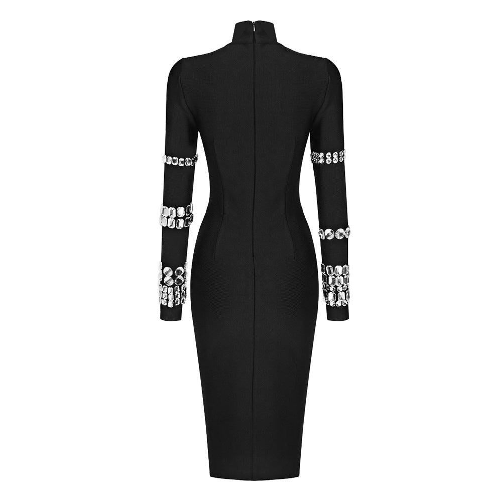 Black Mid-Length Turtleneck Seam Drill Bandage Dress