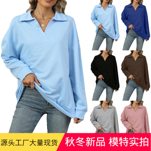 Autumn and Winter new solid color polo collar loose long sleeve sweatershirt coat top women