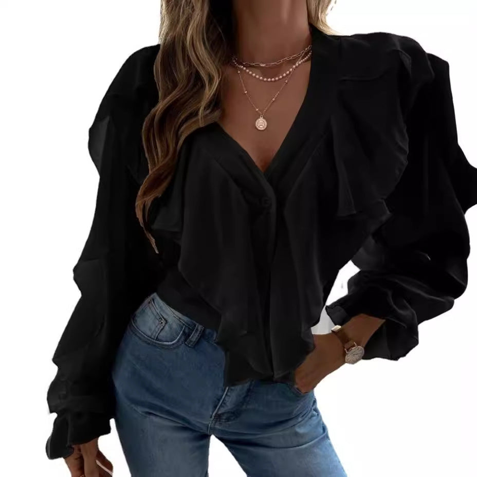 Spring and Autumn women's V-neck flounce top shirt long sleeve