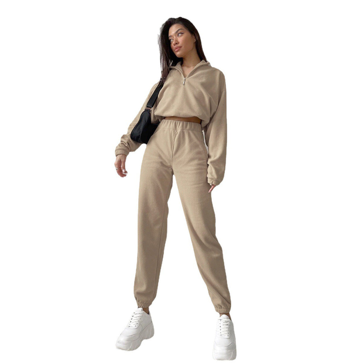 Women's new half-zipper lapel casual sweater solid color sports suit