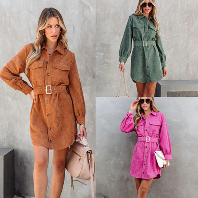 Women's New 2024 autumn and winter solid color corduroy casual belt shirt dress