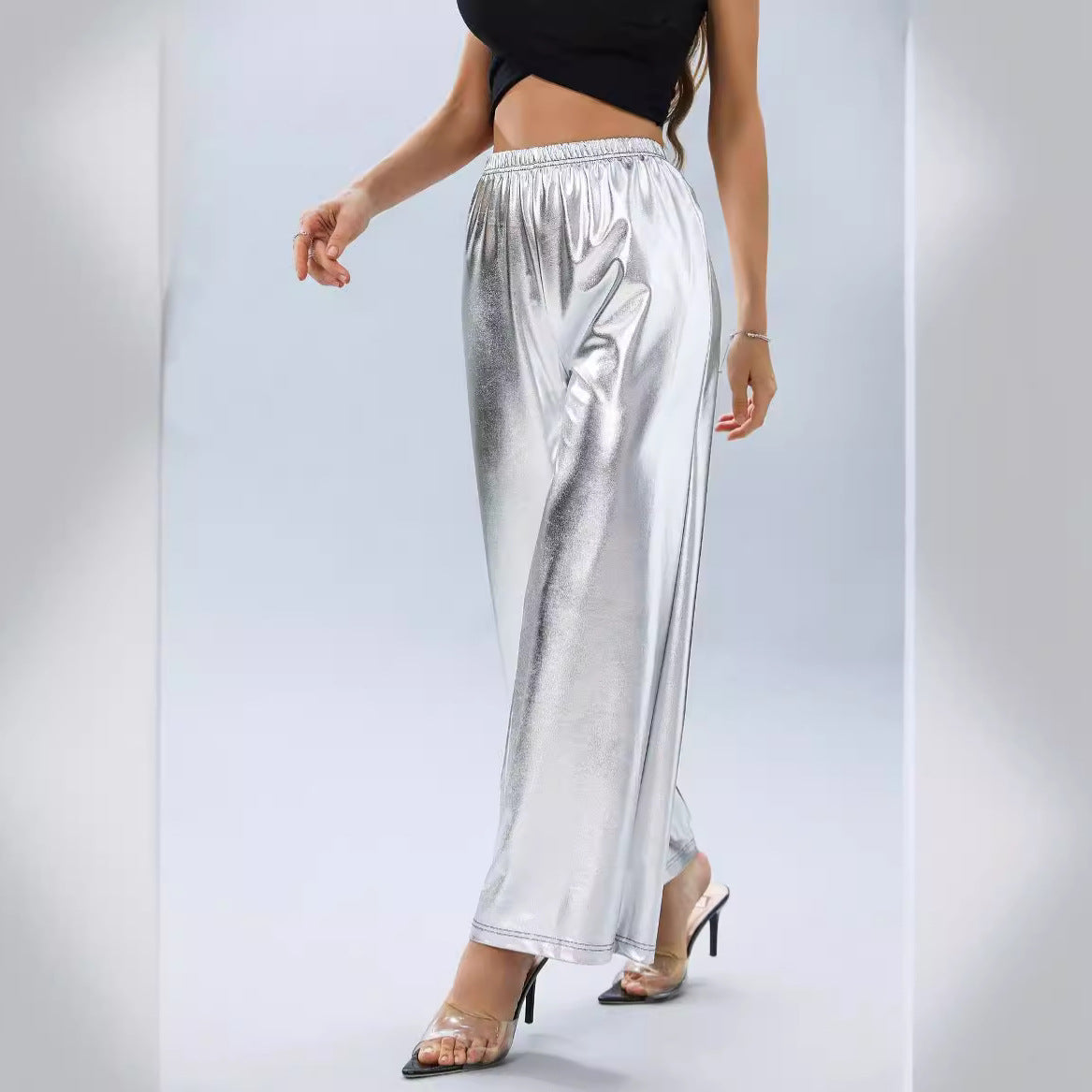 Women's trousers hot silver loose high waist wide leg women's casual trousers