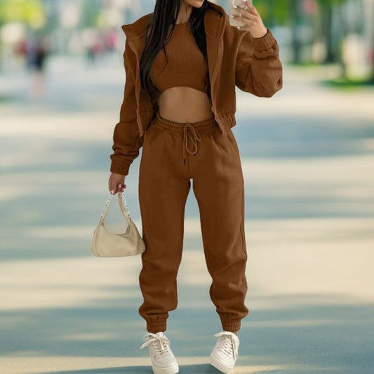 Spring new women's clothing solid color simple hooded sweater sports casual trousers three-piece set