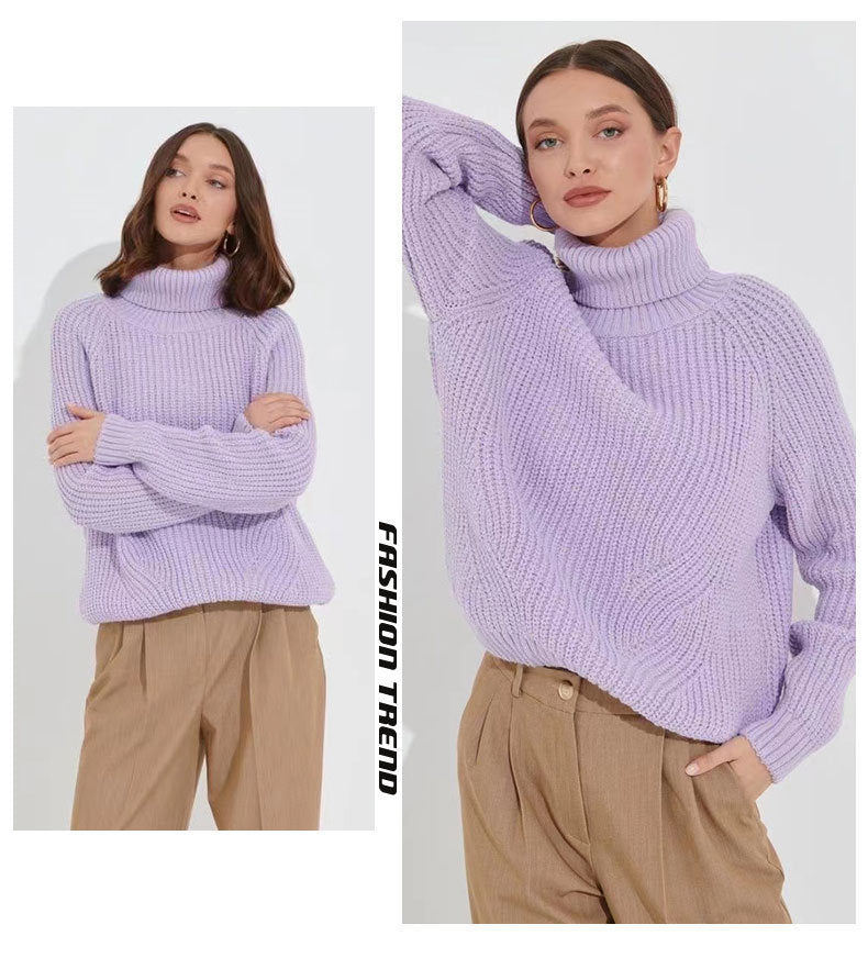 Women's turtleneck sweater knitted loose thickened autumn and winter solid color casual mid-length pullover top