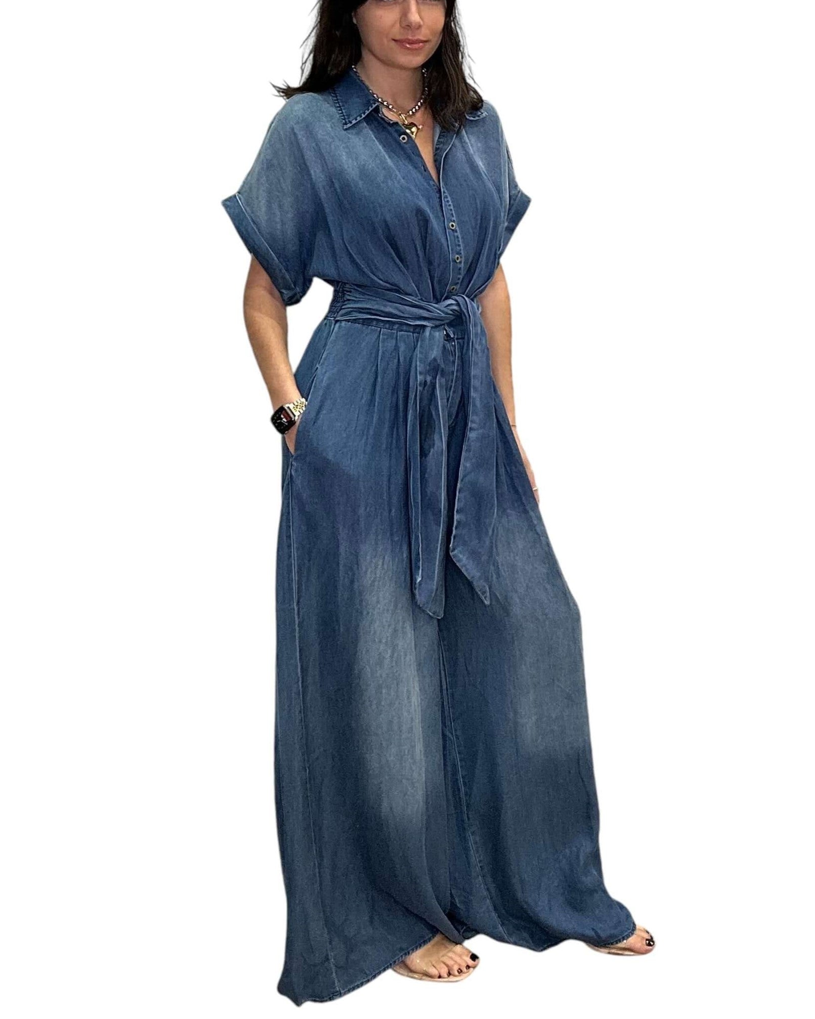 Casual Bat-Sleeve Tie-Waist Denim Wide-Leg Jumpsuit (Buy 2 Free Shipping)