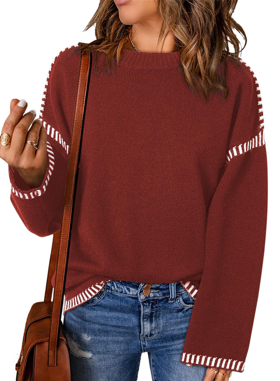 Crewneck Contrast Cable Knit Pullover Sweater (Buy 2 Free Shipping)