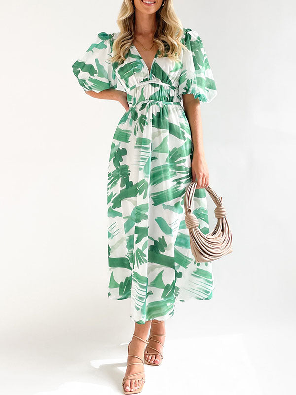 Puff Sleeve V Neck Flower Maxi Dress