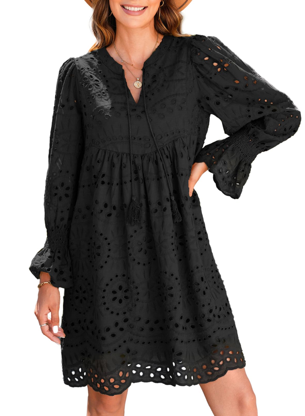 Women’s V Neck Long Sleeve Hollow Out Lace Ruffle Dresses(Buy 2 Free Shipping)