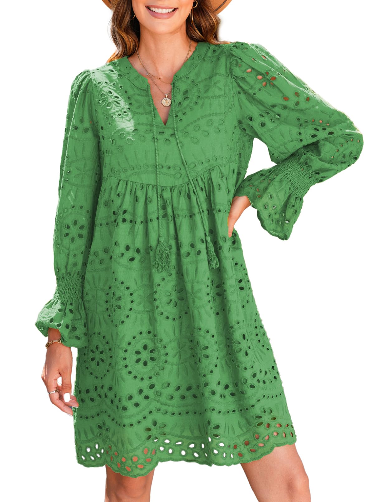 Women’s V Neck Long Sleeve Hollow Out Lace Ruffle Dresses(Buy 2 Free Shipping)