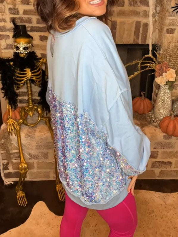 Sequin Colorblock Henley Sweatshirt