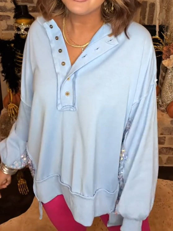 Sequin Colorblock Henley Sweatshirt