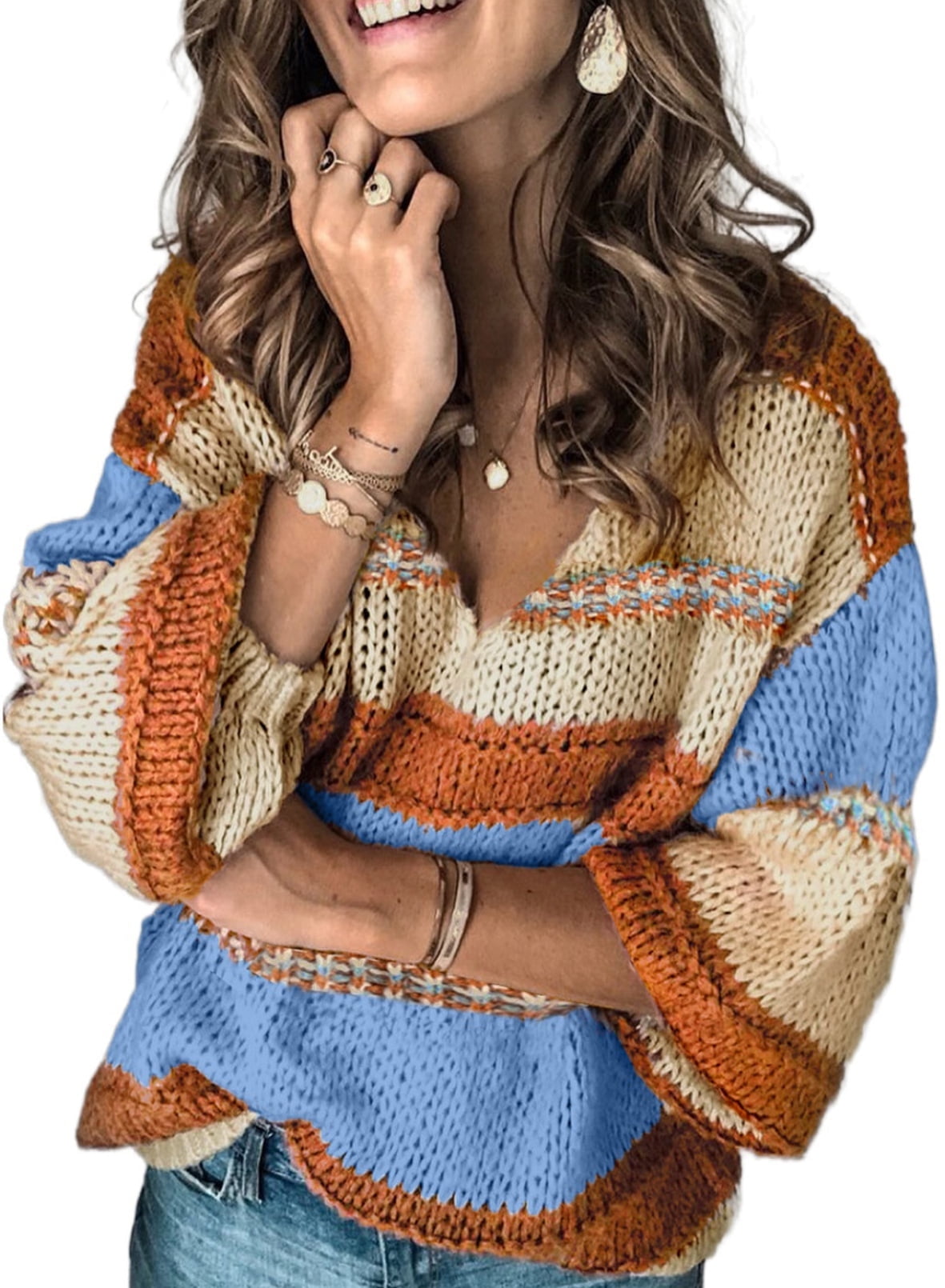 Women Sweater Tops Autumn Winter V-Neck Oversized Colorblock Knitted Pullover Blouses Jumper Tops XL 16-18