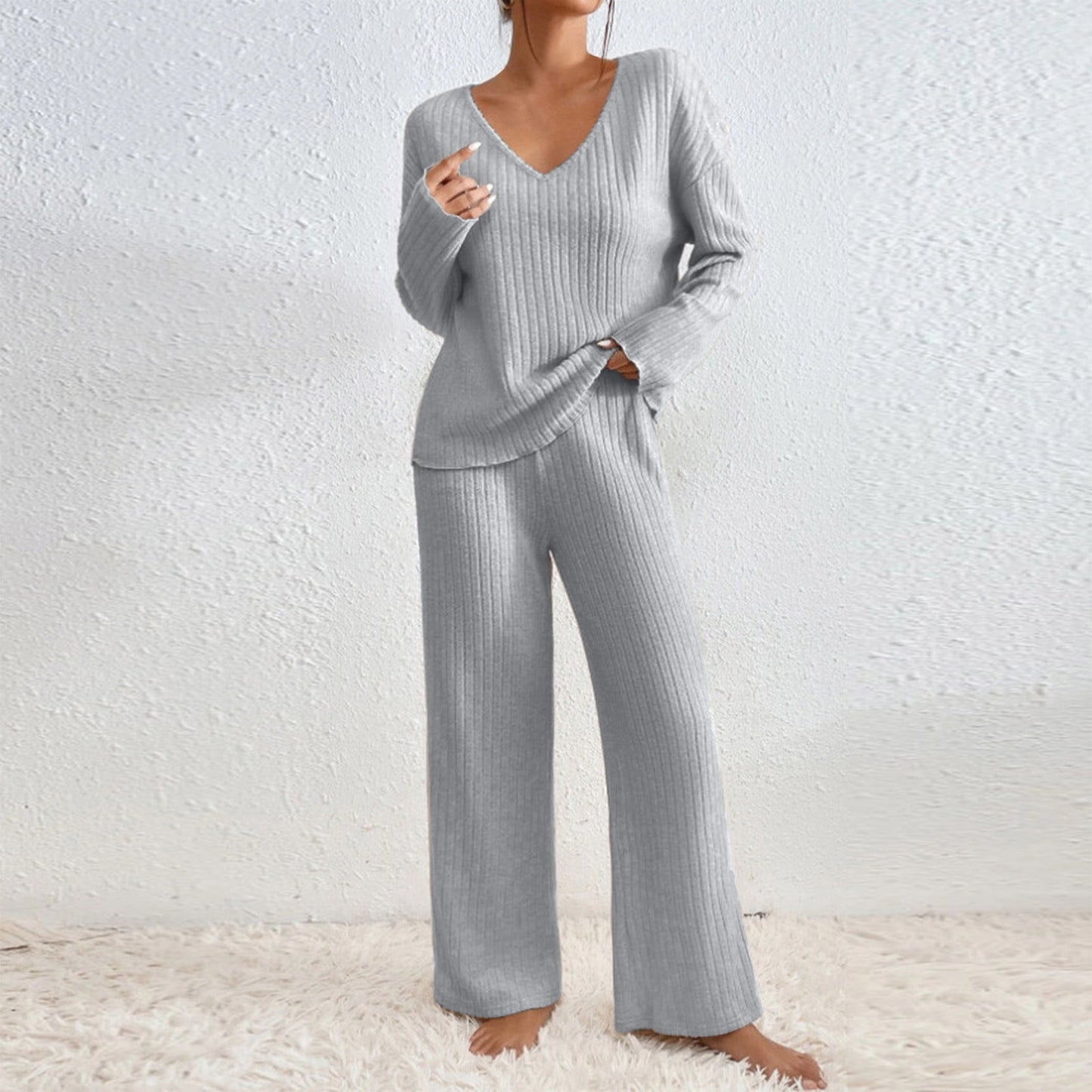 Ribbed Lounge Sets for Women 2 Piece Solid Color Ribbed Knit V Neck Long Sleeve Shirts and Wide Leg Long Pants Casual Travel Pajamas Lounge Set Loungewear Summer Outfits