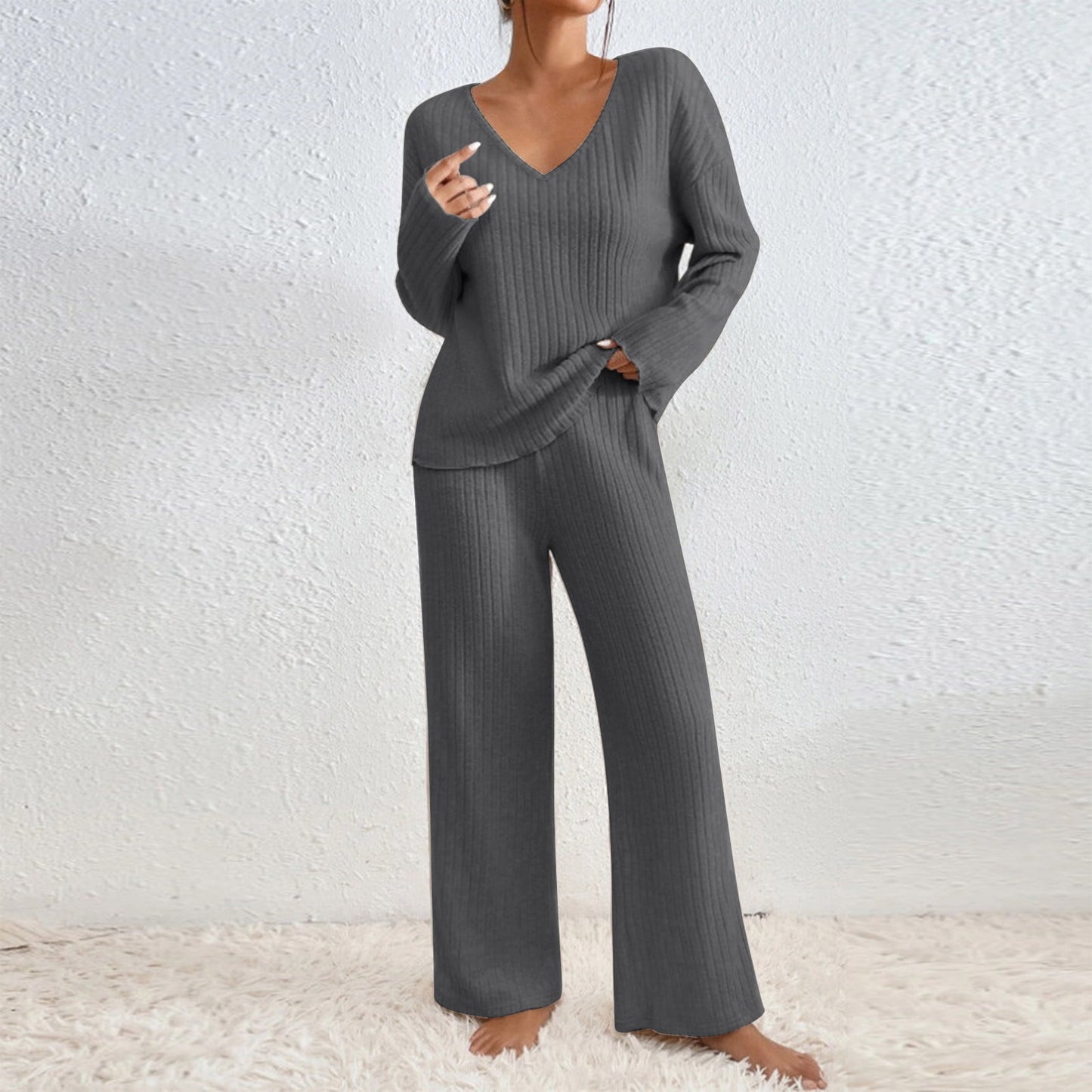 Ribbed Lounge Sets for Women 2 Piece Solid Color Ribbed Knit V Neck Long Sleeve Shirts and Wide Leg Long Pants Casual Travel Pajamas Lounge Set Loungewear Summer Outfits