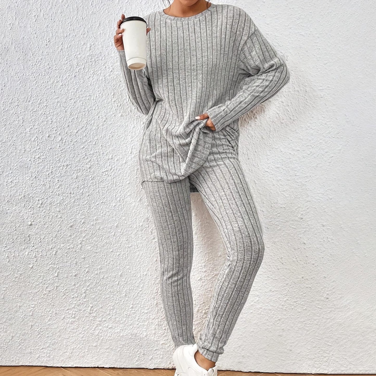 Ribbed Lounge Sets for Women 2 Piece Solid Color Ribbed Knit V Neck Long Sleeve Shirts and Wide Leg Long Pants Casual Travel Pajamas Lounge Set Loungewear Summer Outfits