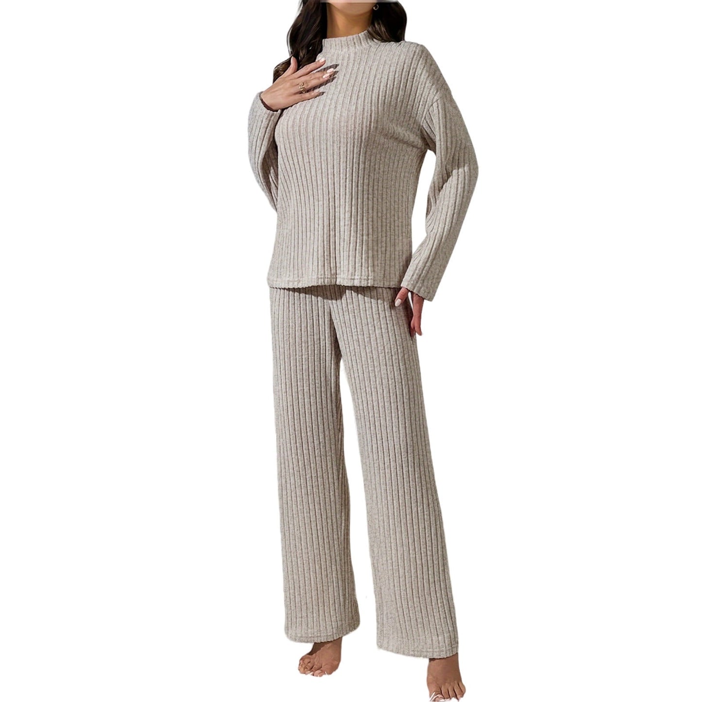 Ribbed Lounge Sets for Women 2 Piece Solid Color Ribbed Knit V Neck Long Sleeve Shirts and Wide Leg Long Pants Casual Travel Pajamas Lounge Set Loungewear Summer Outfits