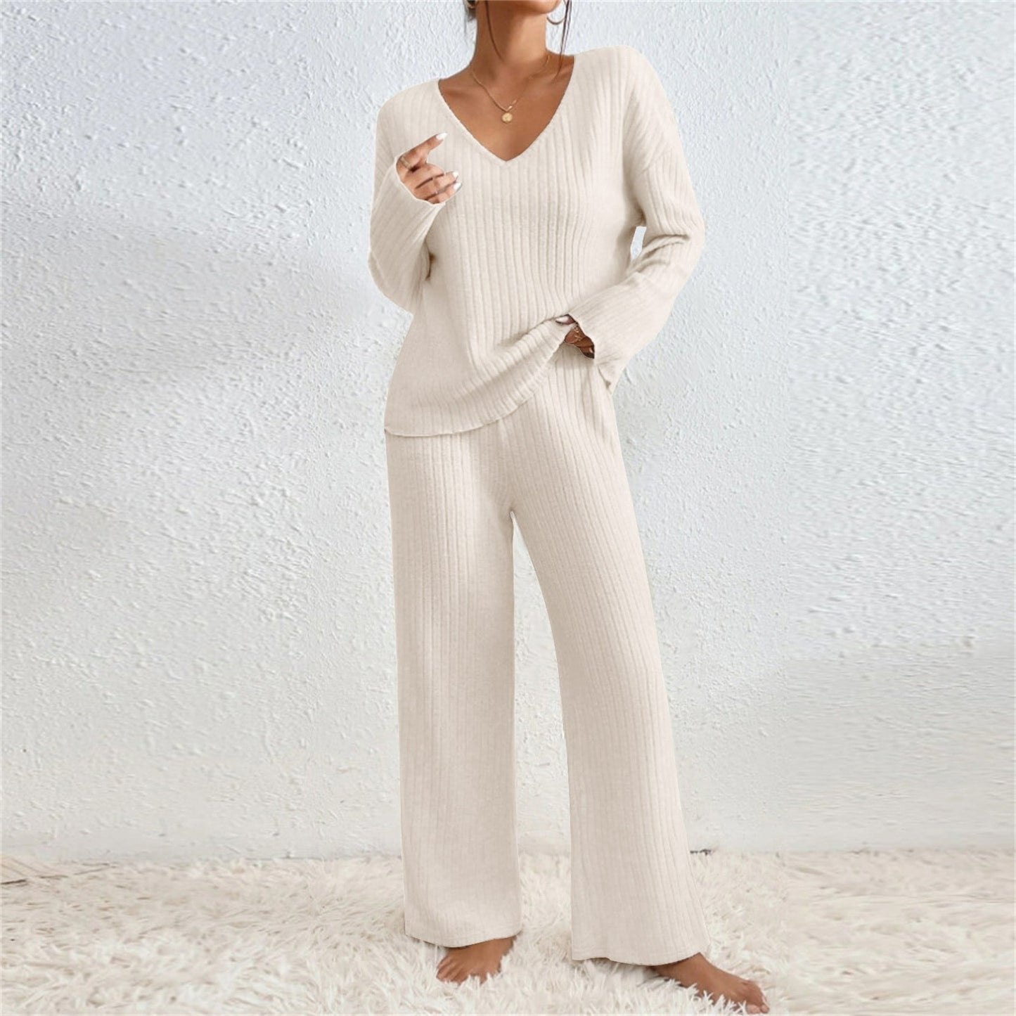 Ribbed Lounge Sets for Women 2 Piece Solid Color Ribbed Knit V Neck Long Sleeve Shirts and Wide Leg Long Pants Casual Travel Pajamas Lounge Set Loungewear Summer Outfits