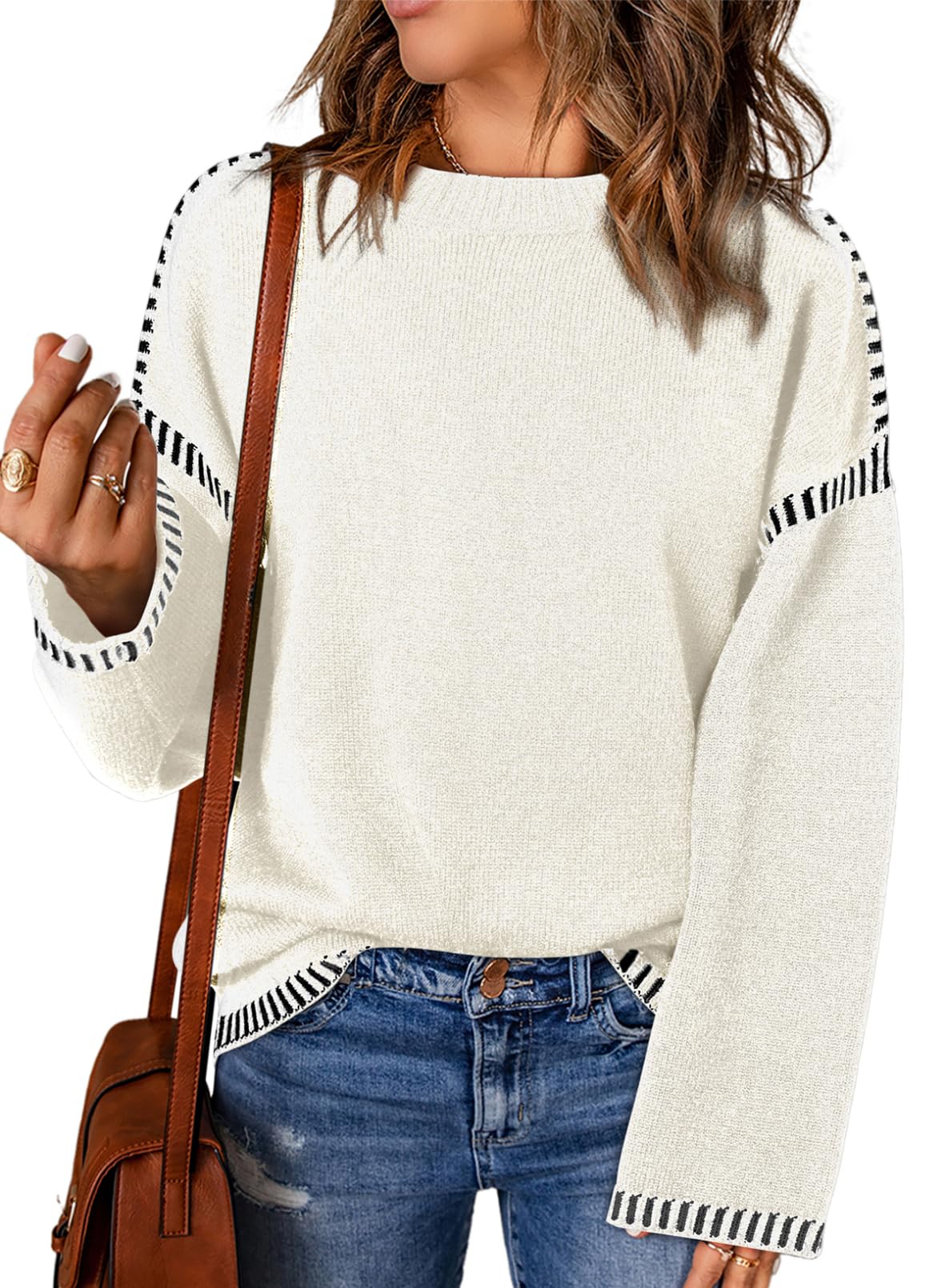 Crewneck Contrast Cable Knit Pullover Sweater (Buy 2 Free Shipping)