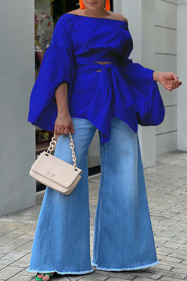 Chic Off Shoulder Knot Front Lantern Sleeve Top