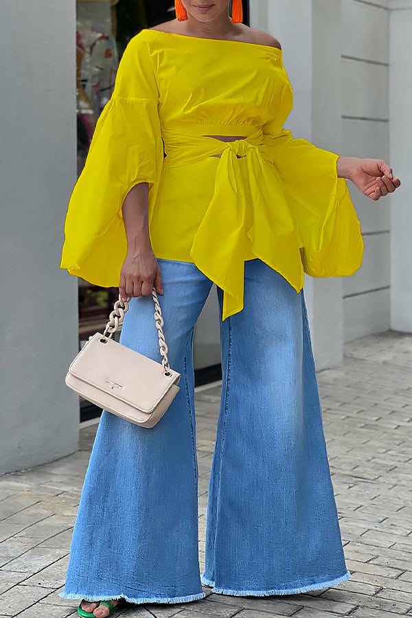 Chic Off Shoulder Knot Front Lantern Sleeve Top