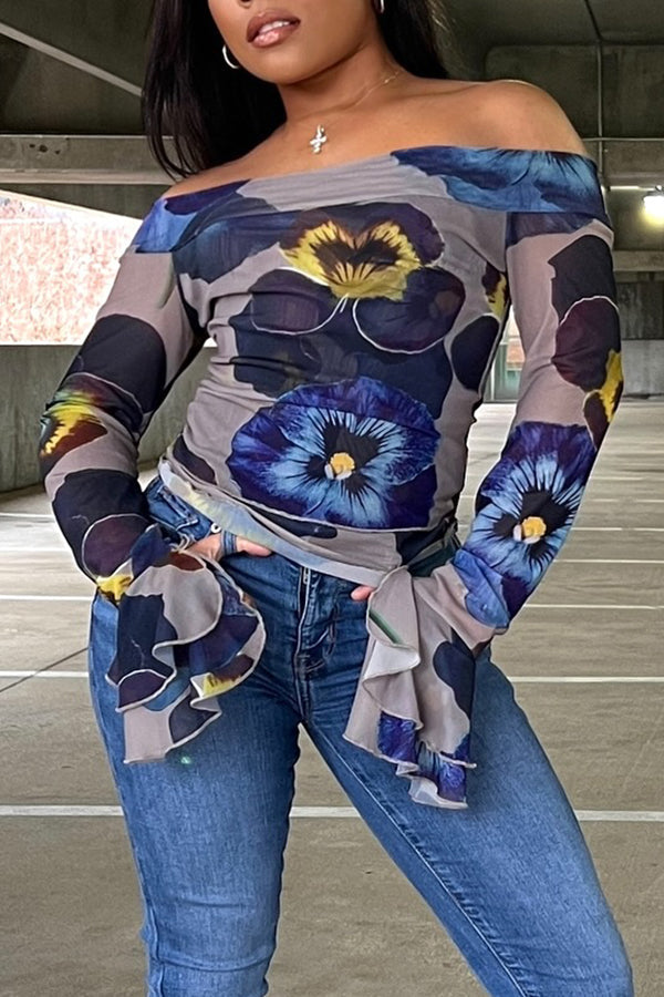 Chic One Shoulder Floral Print Stretch Blouse