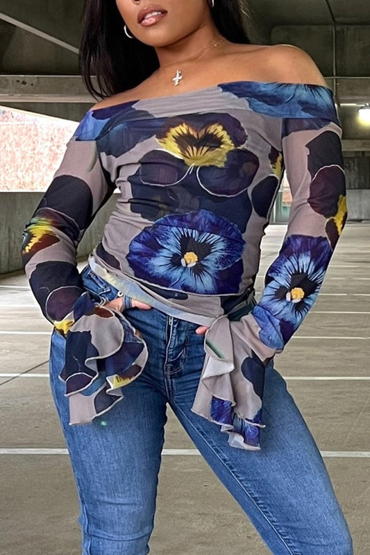 Chic One Shoulder Floral Print Stretch Blouse