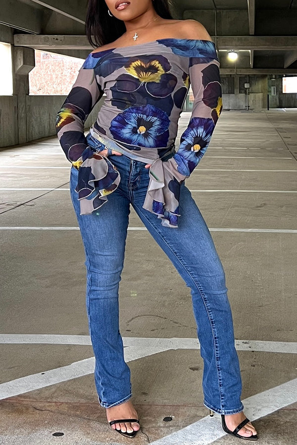 Chic One Shoulder Floral Print Stretch Blouse