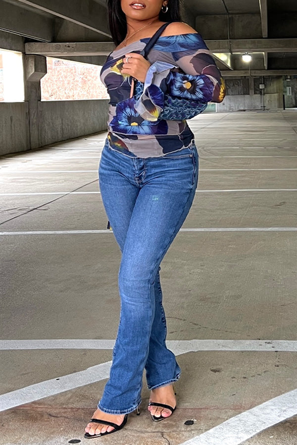 Chic One Shoulder Floral Print Stretch Blouse