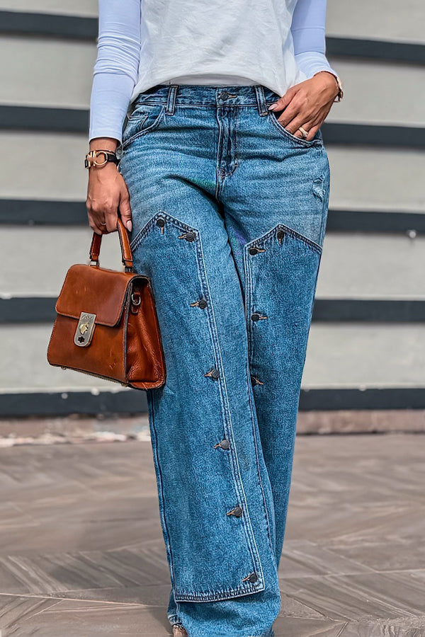 Fashion Patchwork Buttons Denim Pants