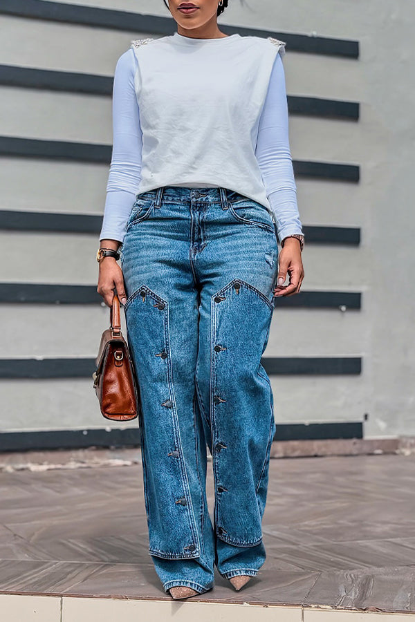 Fashion Patchwork Buttons Denim Pants