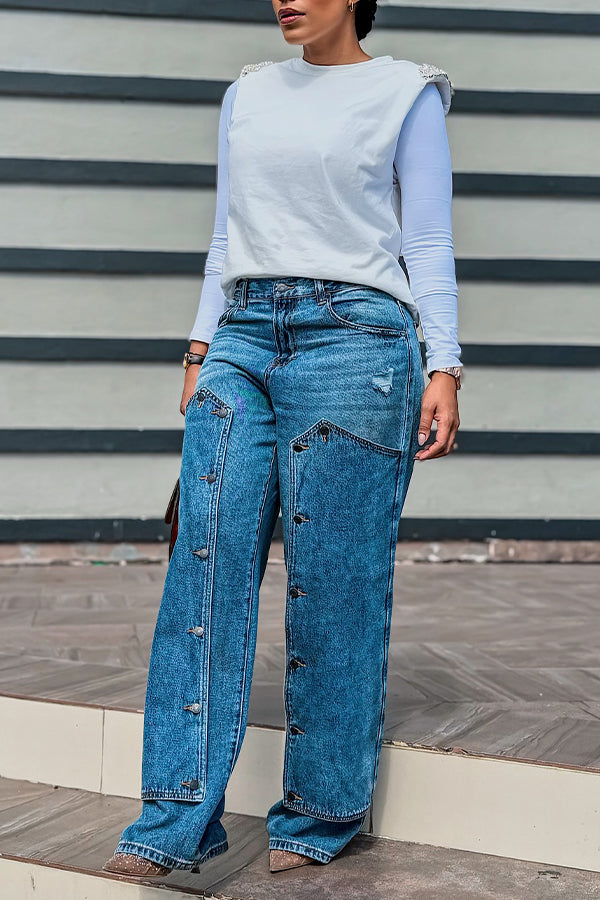 Fashion Patchwork Buttons Denim Pants