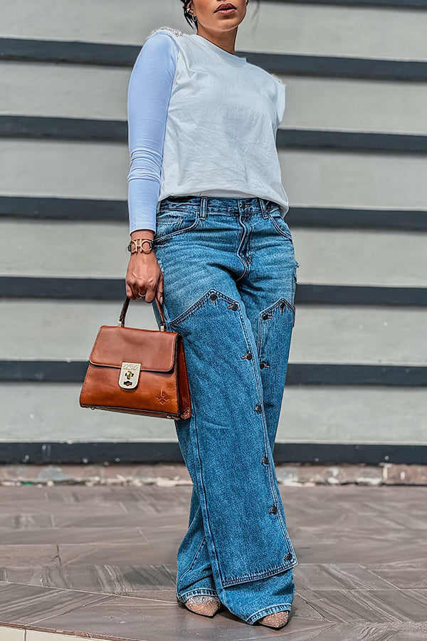 Fashion Patchwork Buttons Denim Pants