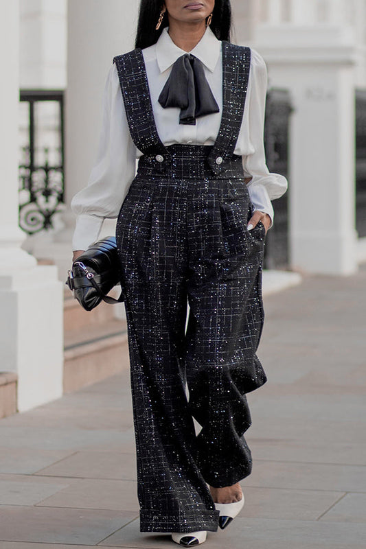 Elegant Glitter Striped Straight Leg Overalls