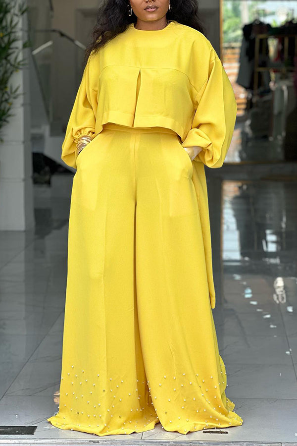 Casual Split Hem Top & Wide Leg Pants Set