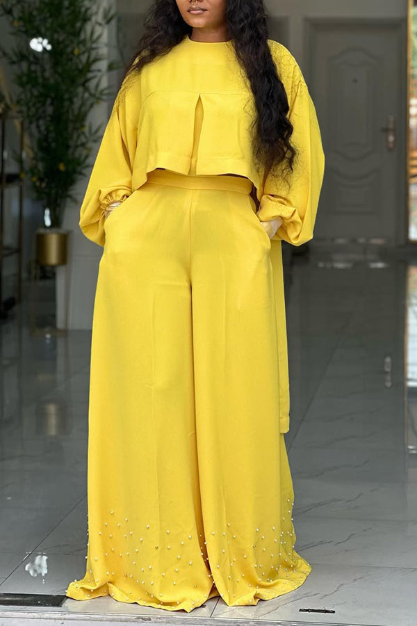 Casual Split Hem Top & Wide Leg Pants Set