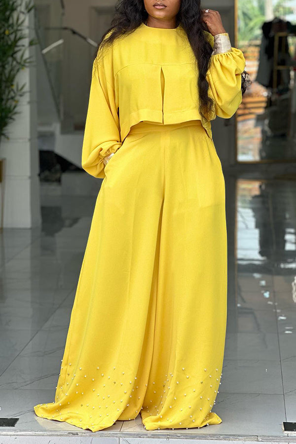 Casual Split Hem Top & Wide Leg Pants Set