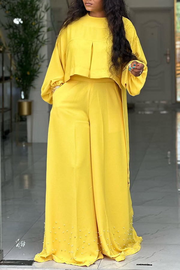 Casual Split Hem Top & Wide Leg Pants Set