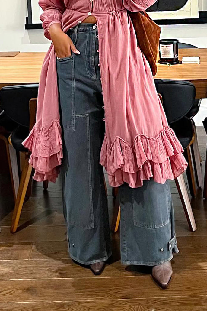 Casual Patched Pocket Wide Leg Jeans